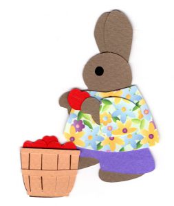 A for apples, Rabbit holding an apple standing next to a basketful of apples