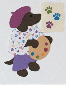 A for artist, Dog artist wearing a beret and holding a painter's palette standing near a paw print painting