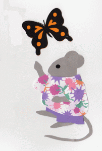 B for butterfly, Mouse with an orange and black butterfly