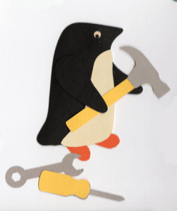 C for carpenter, Penguin holding a hammer with a wrench and screwdriver on the ground