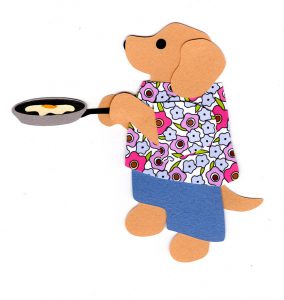 E for eggs, Dog with a pan of eggs