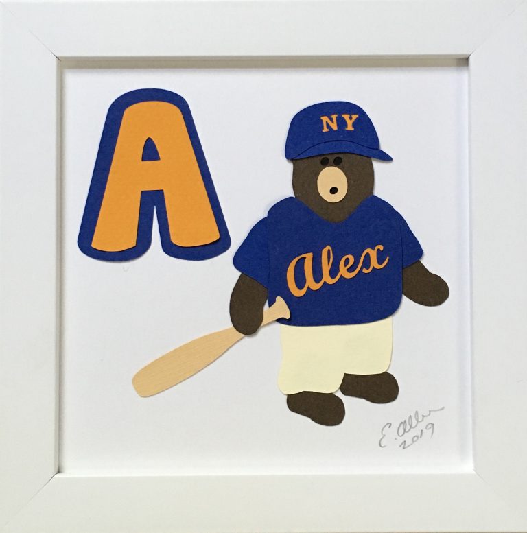 A for Alex, Bear in a baseball uniform with a bat