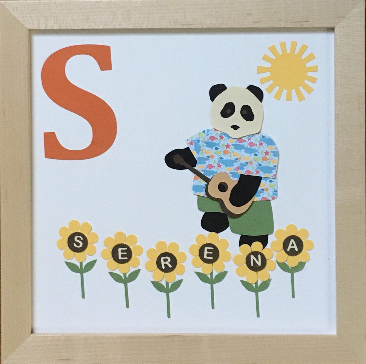 S for Serena, panda with sunflowers, sun, and a shark shirt, plus ukulele requested by the client