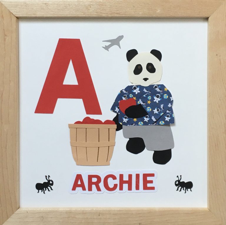 A for Archie, Panda with ants, apples, airplane, and an astronaut shirt