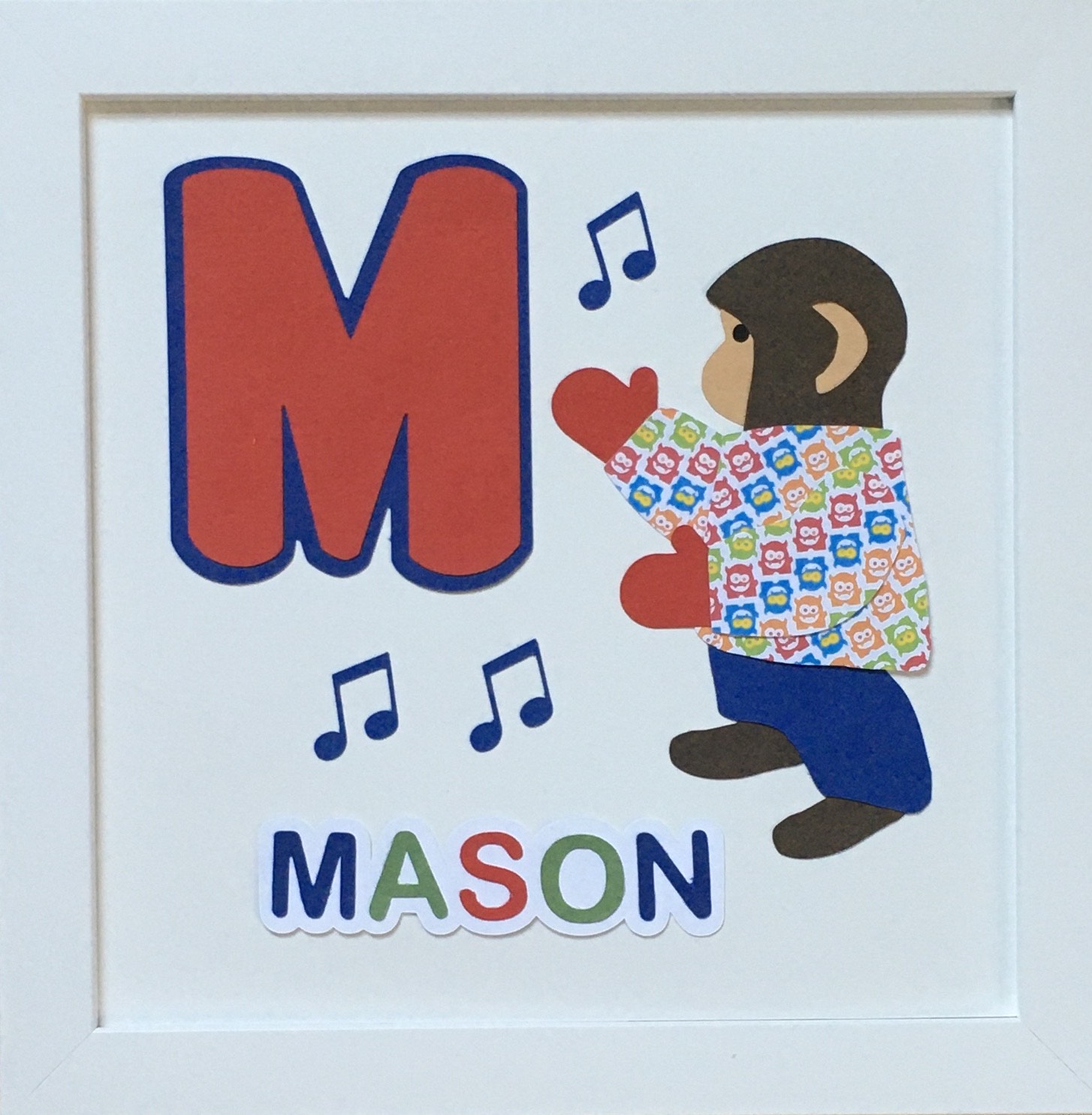 M for Mason with monkey, music, mittens, and a monster shirt