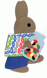 J for jellybeans, Rabbit holding a bag of jellybeans