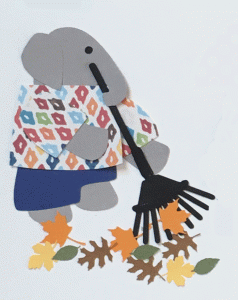 L for leaves, elephant raking leaves