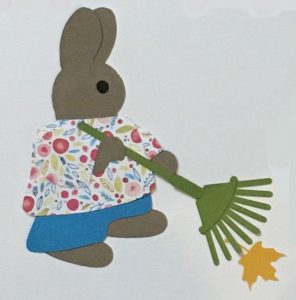 R for rake, Rabbit holding a rake and raking leaves