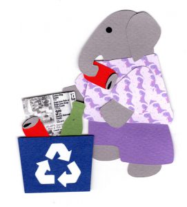 R for recycling, Elephant placing a can in a recycling bin