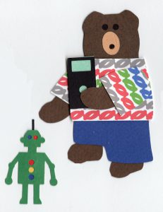 R for robot, Bear playing with a robot