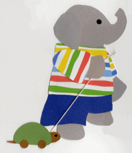 T for turtle, Elephant pulling a toy turtle on a string
