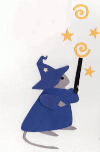 W for wizard, Mouse wizard in a cape and hat holding a wand and creating magical stars and swirls