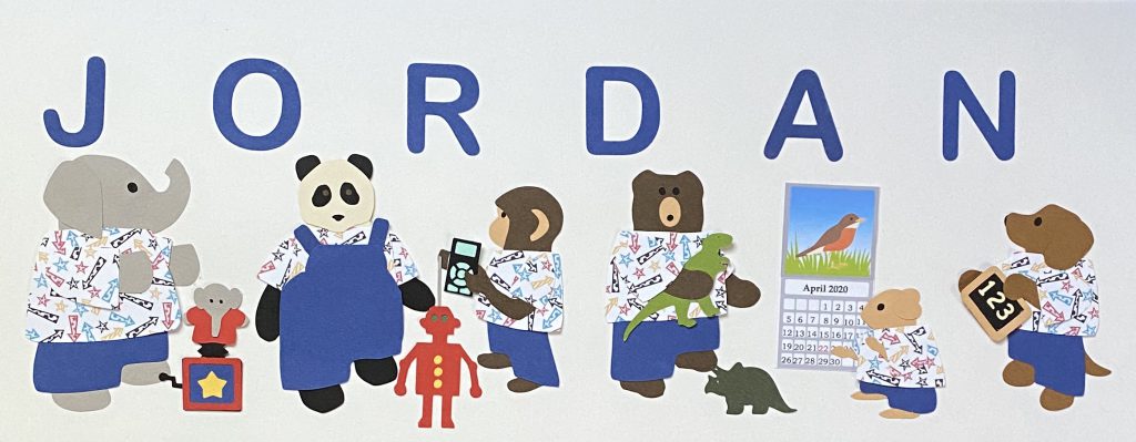 JORDAN with elephant, panda, monkey, bear, hamster, and dog - J for jack-in-the-box, O for overalls, R for robot, D for dinosaurs, A for April, N for numbers