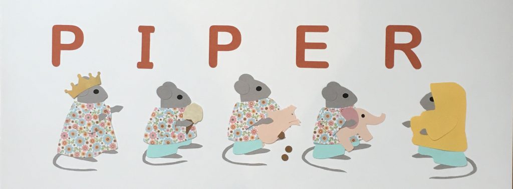 PIPER with mice - P for princess, I for ice cream, P for piggy bank, E for elephant, R for raincoat