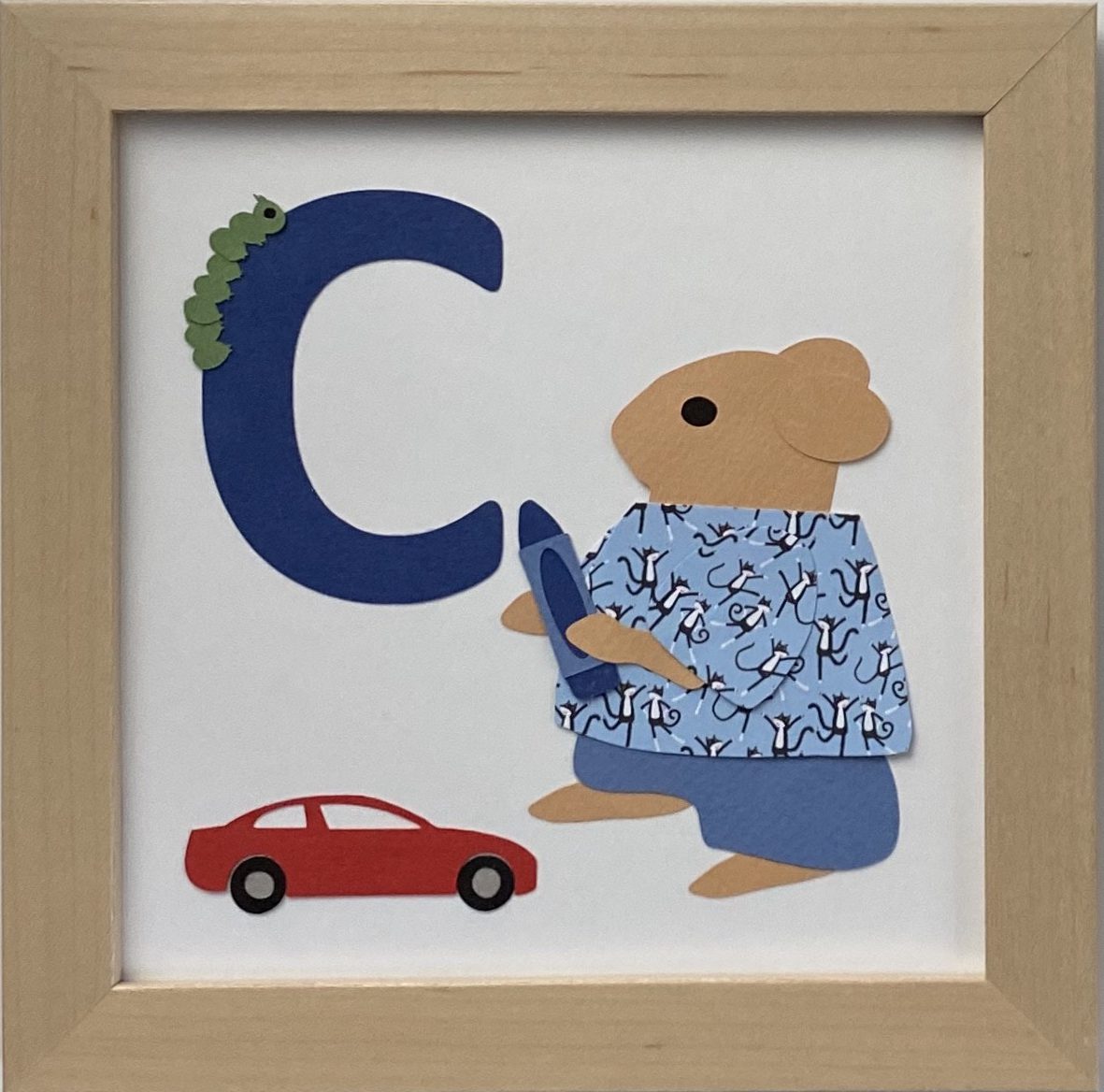 C initial sign - Hamster with crayon, caterpillar, and car