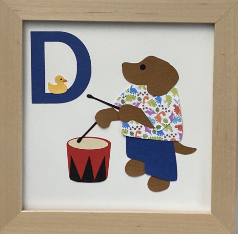 D initial sign - Dog playing drum, with a duck, and a dinosaur shirt